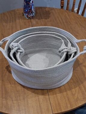 Set of Gray Woven Rope Storage Baskets with Hand-Tied Handles